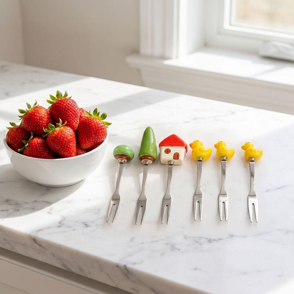 6Pcs Creative Stainless Steel Cake Fork Reusable Cute Fruit Forks  Coffee Stirring