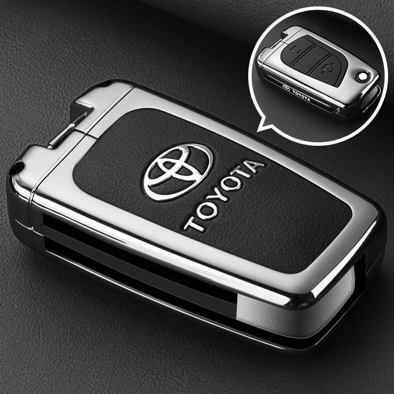 QHJS9 Zinc Alloy Leather Car Key Case Cover Shell for Toyota CHR Hilux Fortuner Land Cruiser 200 Camry Corolla Crown RAV4 Highland