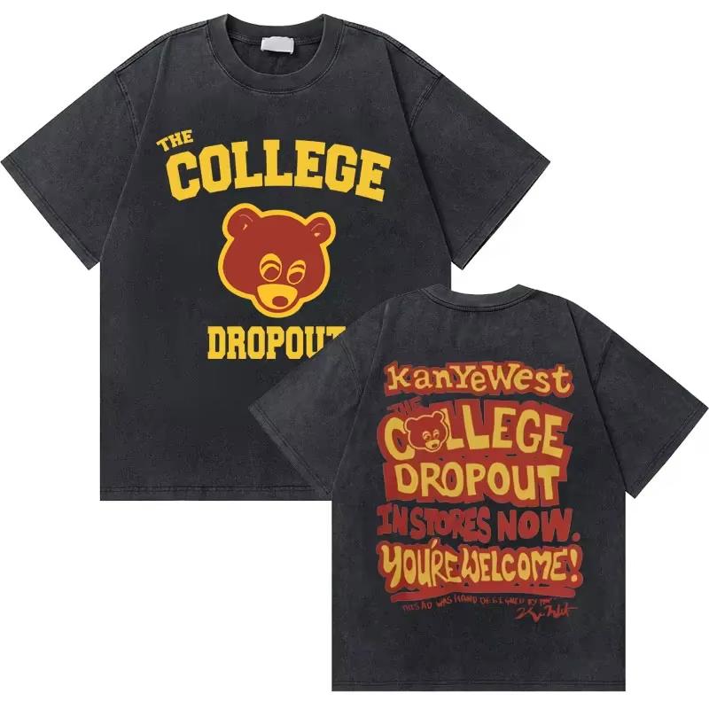 Washed Vintage Rapper Kanye West Graduation Bear Graphic T Shirt Men Pure Cotton Tshirt Mens Hip Hop Fashion Tshirt Ins