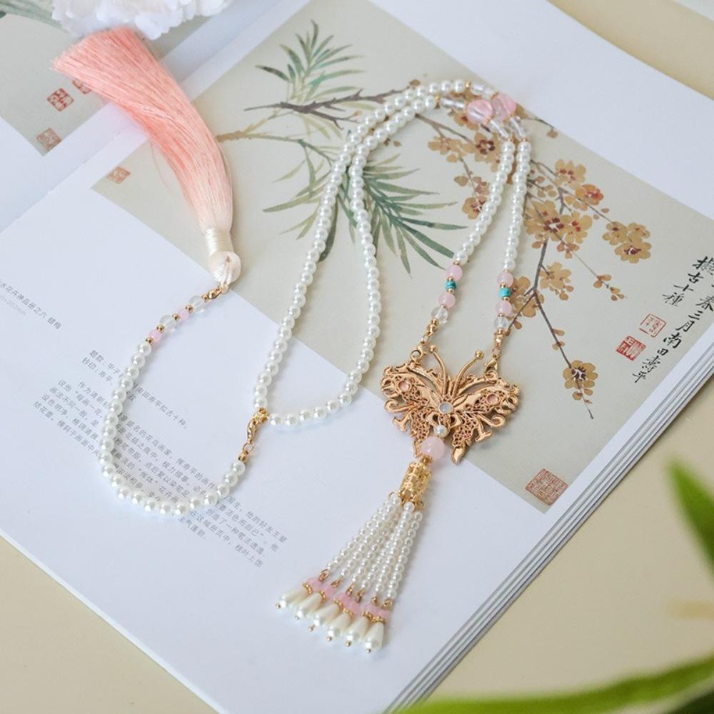 Retro Butterfly Necklace Fringed Chinese Style Necklace Pearl Pendant Necklace  Hanfu Costume