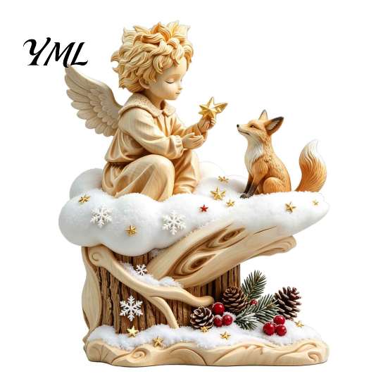 Retro Style Home Decor Fairy Tale Little Boy and Fox Wooden Figurine, Rustic Desktop Statue, Artistic Carved Vintage Accents Sculpture Ornament
