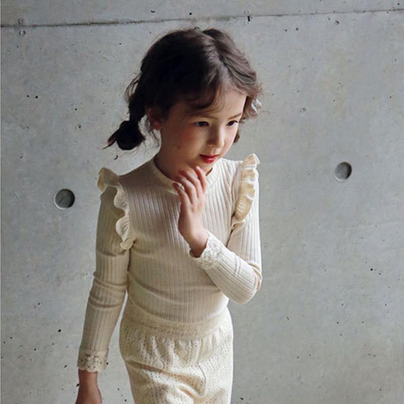 2024 весенняя футболка с длинными рукавами для девочек, детская трикотажная нижняя рубашка в рубчик, кружевная облегающая футболка с круглым вырезом для детей
