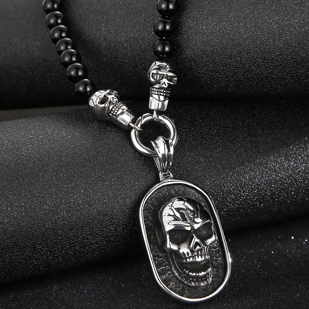 Мужское ожерелье в стиле стимпанк с подвеской в виде черепа и лица из фианита для мужчин, ширина 8 мм, длина 50 см, агатовые бусины, цепочка из нержавеющей стали, ювелирные изделия