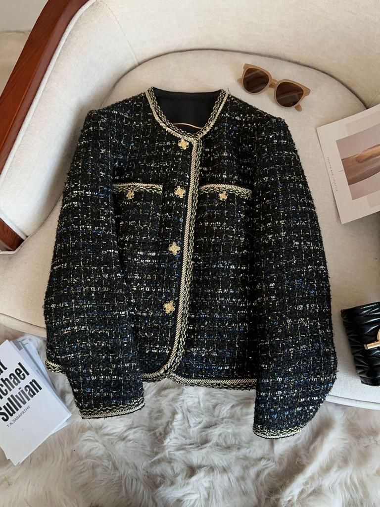 Женский черный твидовый жакет во французском стиле с кружевом A71337