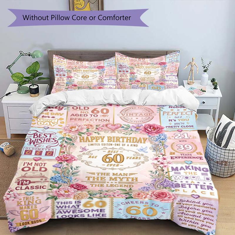 Happy 60th Birthday Celebration 3‑Piece Bedding Set,Soft Breathable Duvet Cover with 23 Pillowcases,Multi‑Scene for Bedroom Dorm,Perfect Holiday Birth