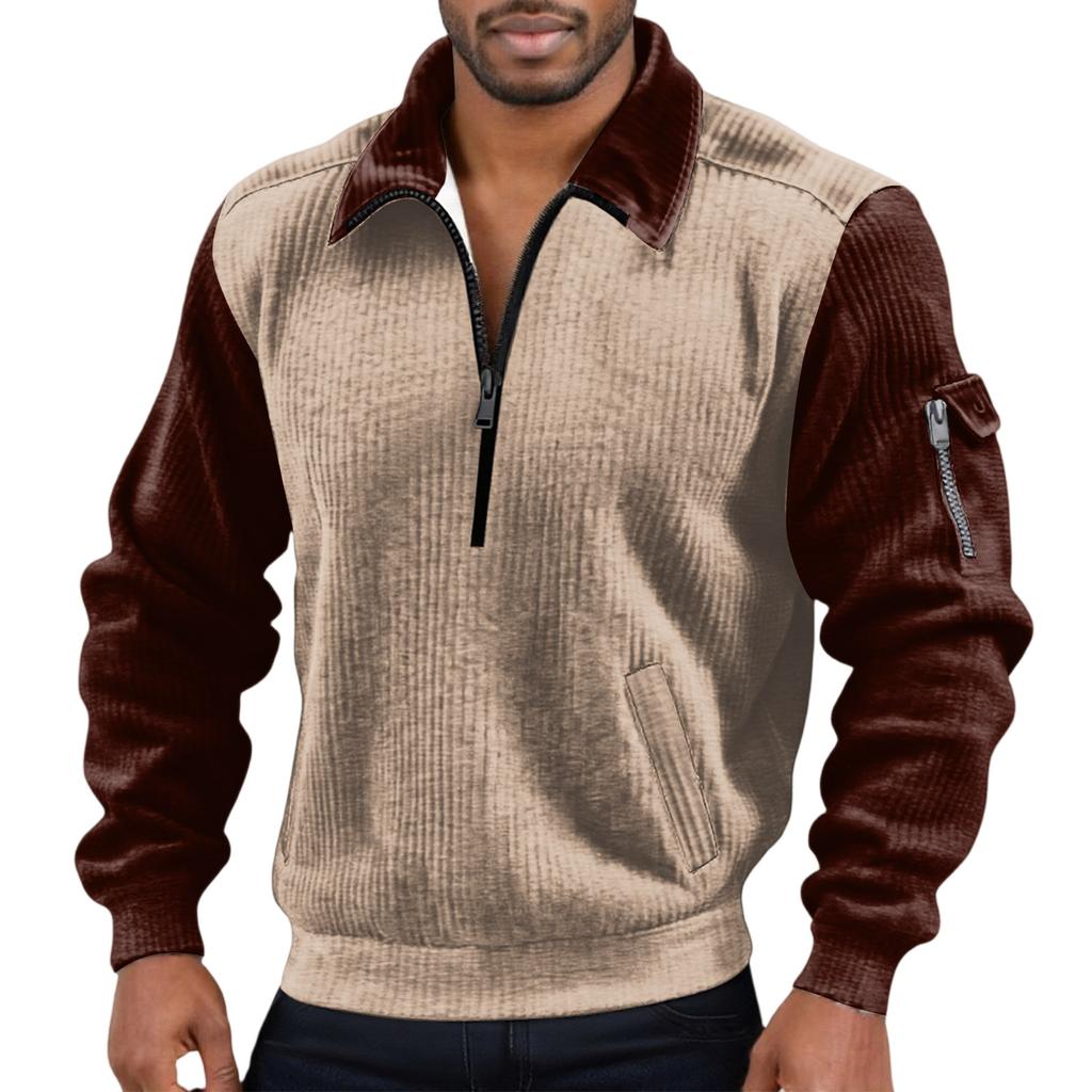 Men's Solid Color Corduroy Zipper Neck Long Sleeve Top Men's Casual Lapel Top