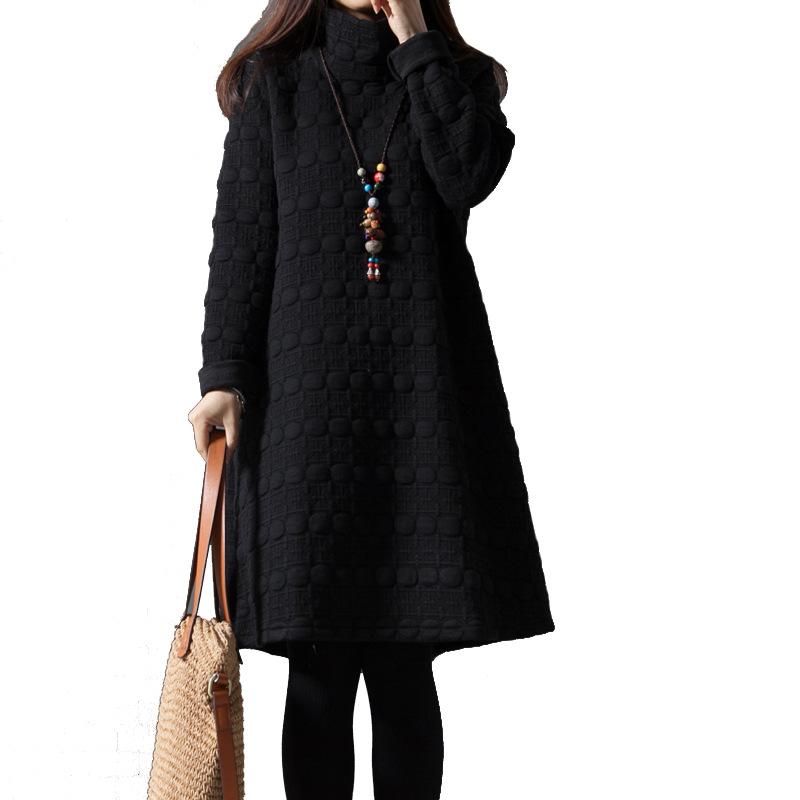 Spring and Autumn New Large Size Loose Women's Clothing High Neck Padded Cotton Thickened Bottom Long Sleeve Dress