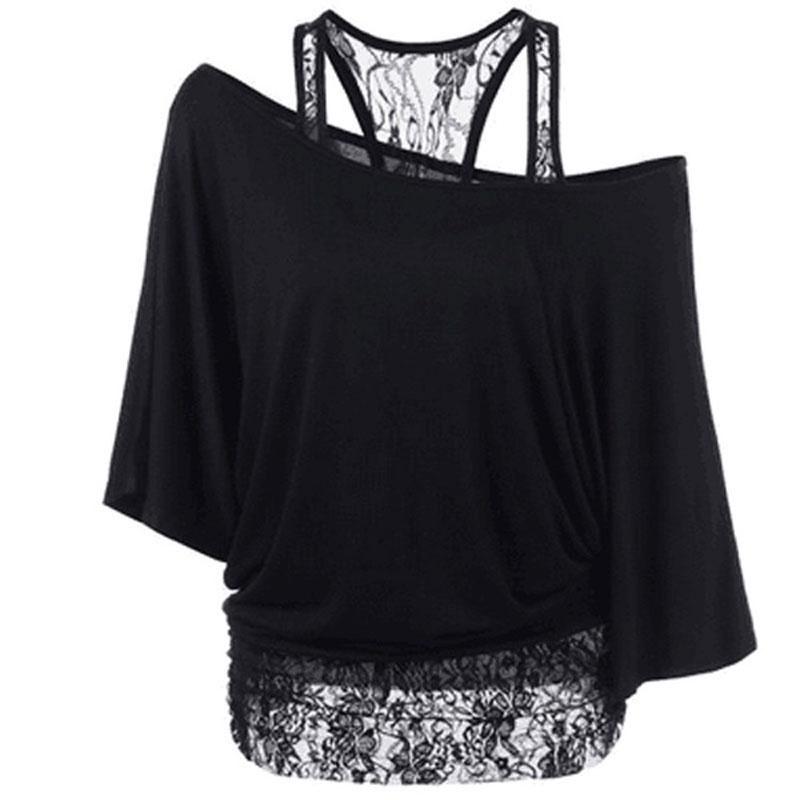 Size Women Plus Loose Vest Lace Stitching Oblique Collar Bat Tshirt Fashion