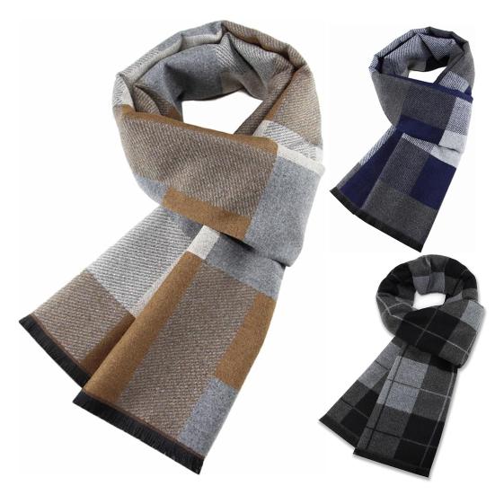 Men Scarf Plaid Print Winter Warm Thick Imitation Cashmere Long Scarf Medium Length Shawl Cold Weather Accessory