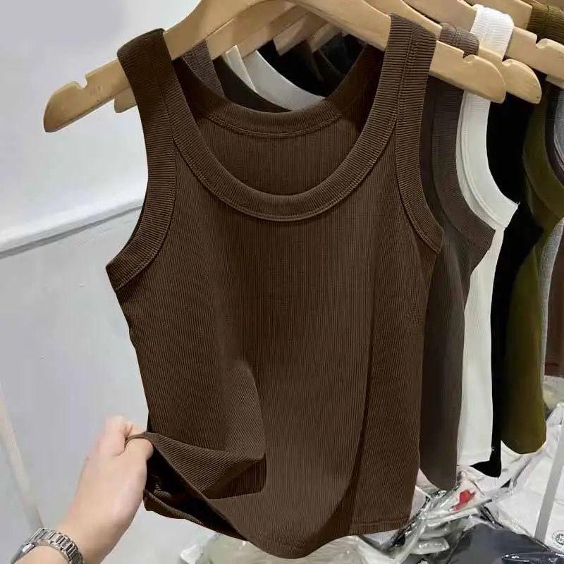 Женский топ на бретельках в рубчик из ледяного шелка с U-образным вырезом и бретельками для весны и лета