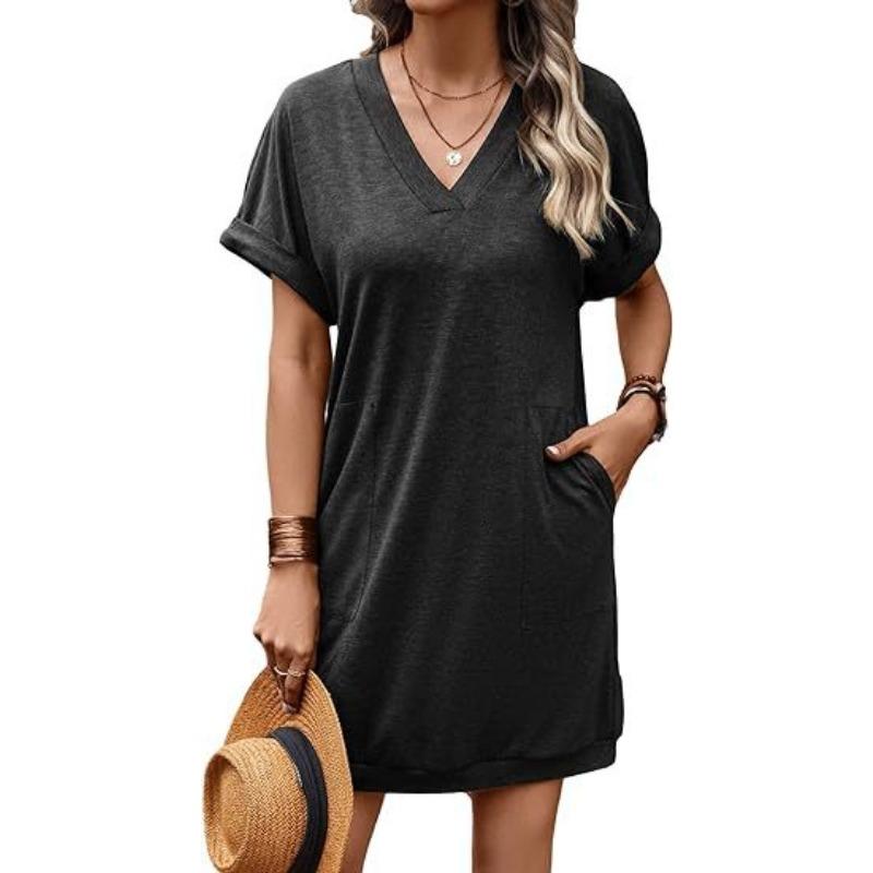 Женские повседневные однотонные платья с V-образным вырезом и карманами с короткими рукавами, модные свободные повседневные платья
