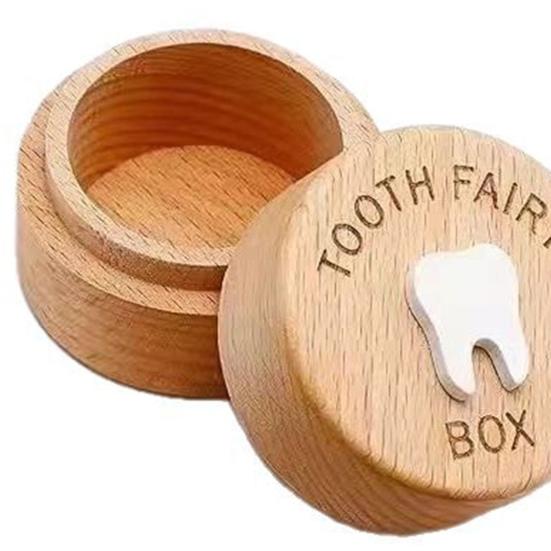Коробочка для молочных зубов Деревянная круглая Коробка для хранения молочных зубов Футляр для хранения детских зубов Подарок на день рождения, крестины для мальчиков и девочек