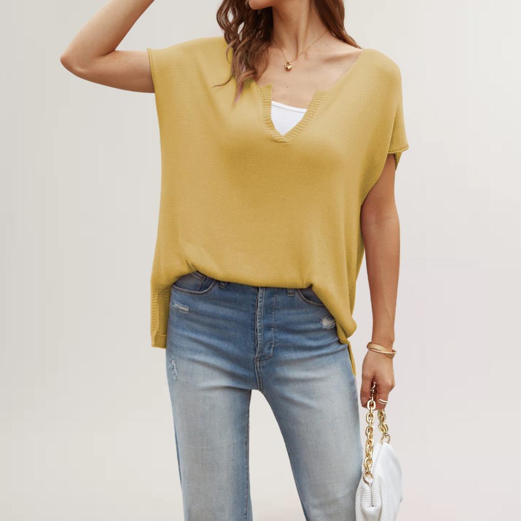 Summer V-neck Solid Color Open Short Sleeve Loose Plus Size Pullover Knit Sweater