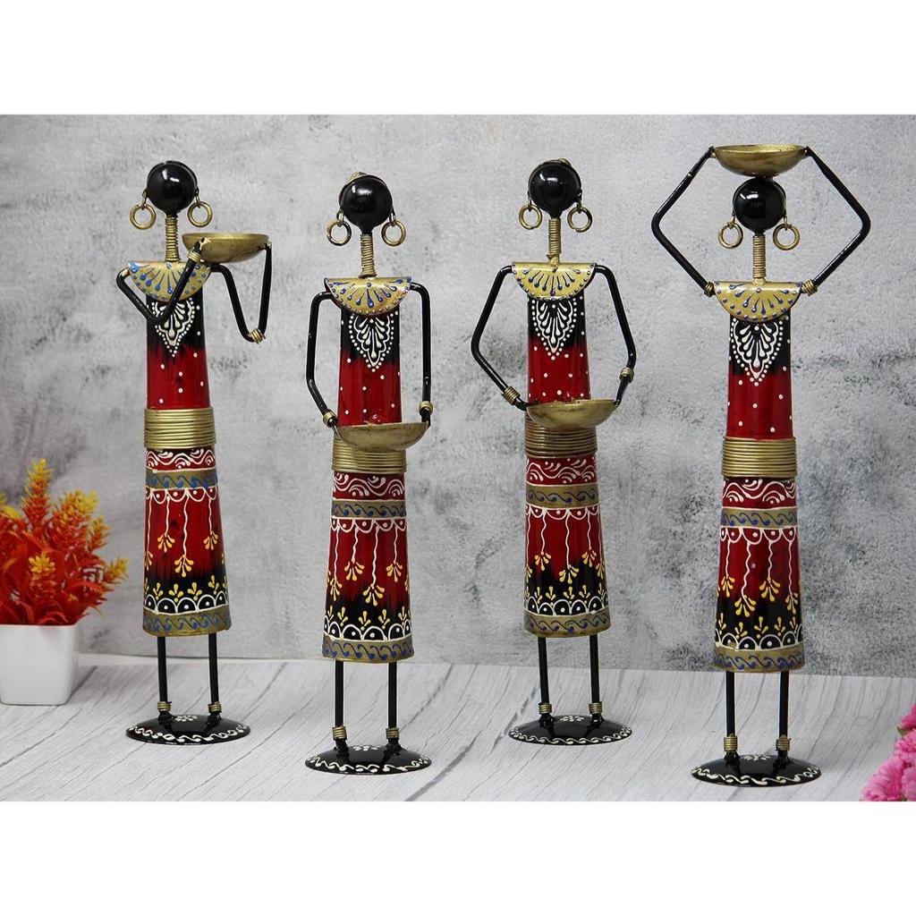Iron Tribal Village Lady Doll Nerga Worker Showpiece Decorative Items for Home Décor (Length 3 Inch *Height 13.5 Inch) Set of 4 Pcs, Multicolor, Space