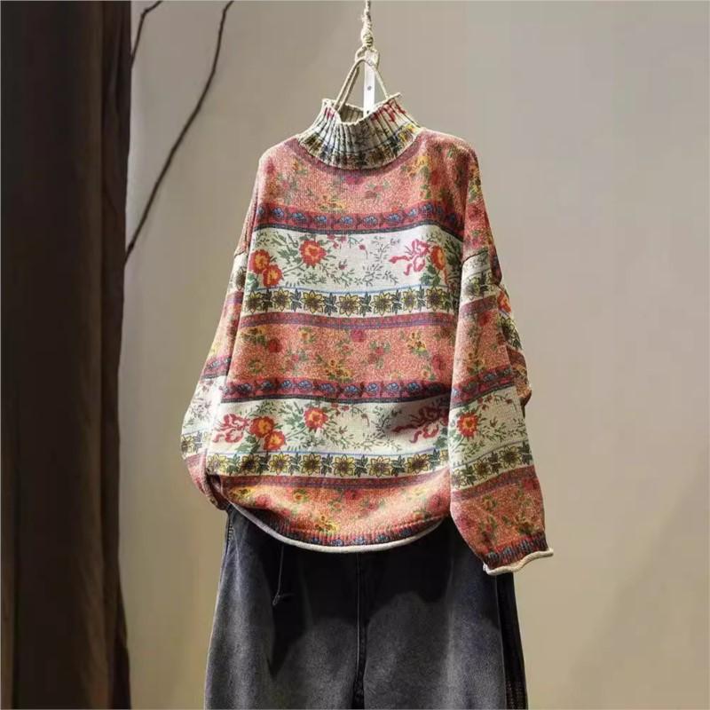 Korean Vintage Floral Print Mock Neck Casual Loose Sweater Woman Autumn Fashion Long Sleeves Sweater