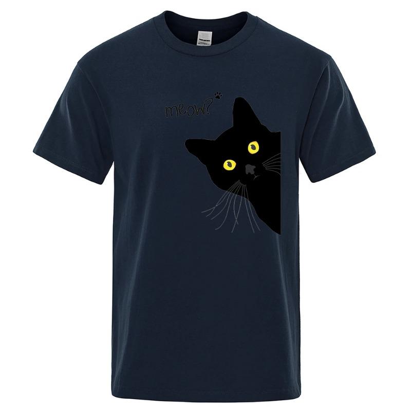 Meow Black Cat Funny Printing Men T-Shirts Breathable Tee Clothes Summer Streetwear Tops Oversized Loose Cotton Short Sleeve T-Shirts Men’s