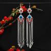 Mongolian Long Fringed Earrings Women's Retro Turquoise Silver Earrings Tibetan Exotic Stage Earrings