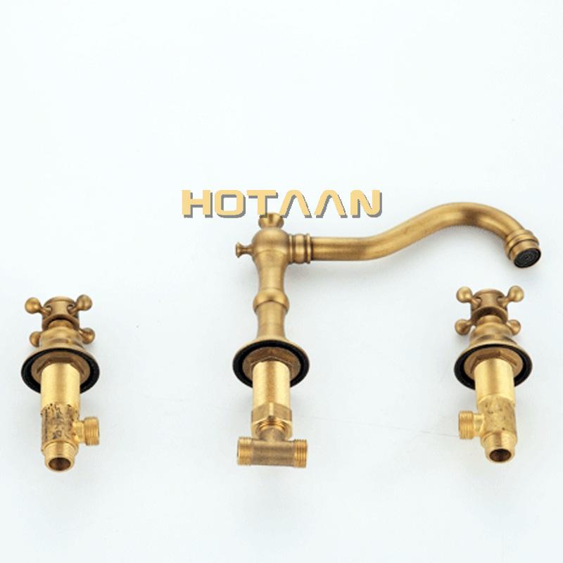 Solid Brass Bathroom Basin Mixer Tap Antique Brass  Kitchen Sink Faucet Dual Handles 3 Holes 3 Pcs Deck Mounted Basin Faucet