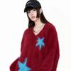 Star Contrasting Women's Sweater V-neck Plush Pullover Sweater Loose Oversized Autumn Winter Outerwear Woman Top
