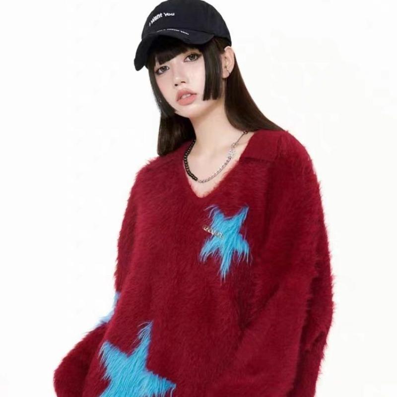 Star Contrasting Women's Sweater V-neck Plush Pullover Sweater Loose Oversized Autumn Winter Outerwear Woman Top