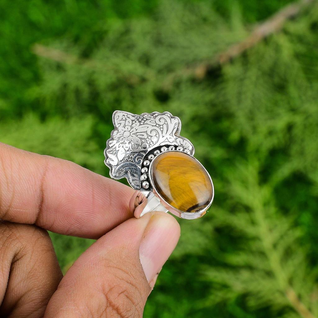 925 Sterling Silver Tigers Eye Stone New Statement Birthday Sister Ring Jewelry