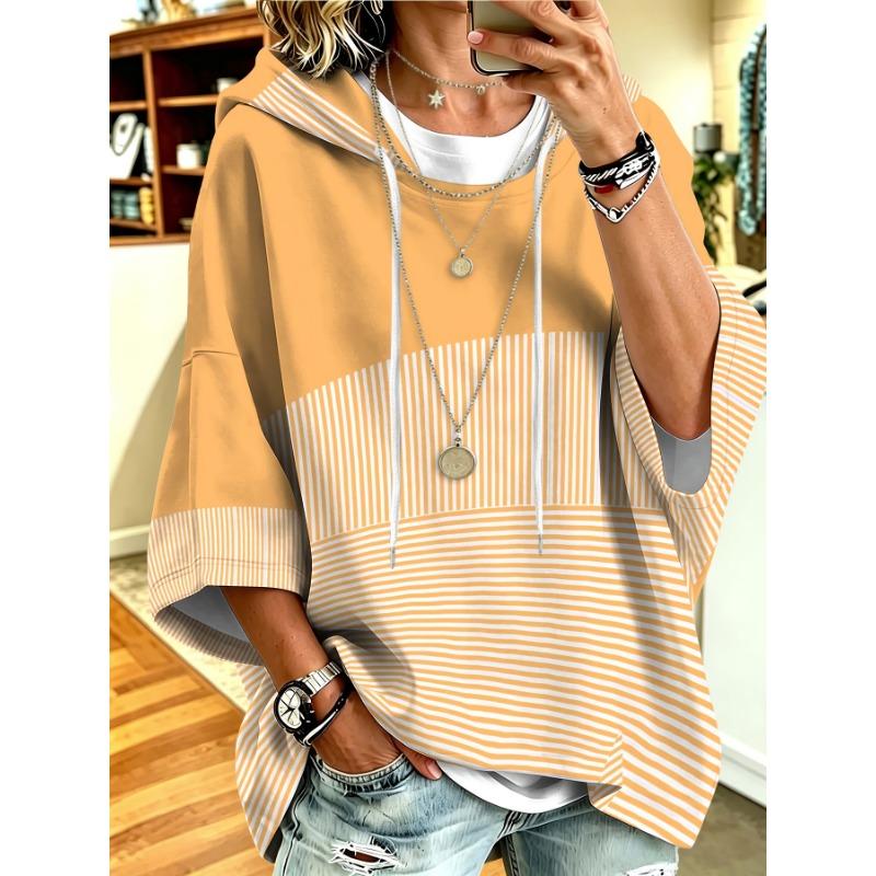Women's Casual Hooded Sweatshirt in Light Blue Solid Color with Blue and White Thin Stripe Print Patchwork, a Relaxed Style Casual Top