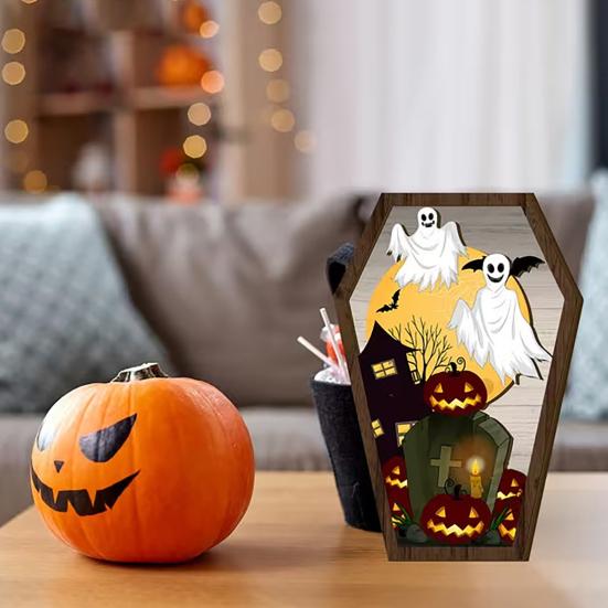 Halloween Wooden Tombstone Shaped Table Block Sign Spooky Ghost Pumpkin Bat Castles Tiered Tray Centerpiece for Halloween Party Indoor Decor