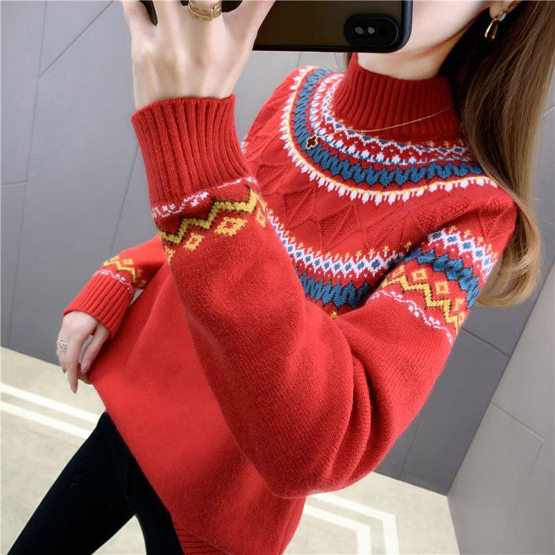 Свитер с высоким воротником, женский осенне-зимний комфорт и теплый принт внутри, повседневный универсальный эластичный пуловер, вязаный свитер, топы