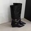 Fashion New Retro Style Women Knee High Boots Fashion Belt Buckle Shoes Autumn Winter Wedges Heel Women's Knight Long Booties
