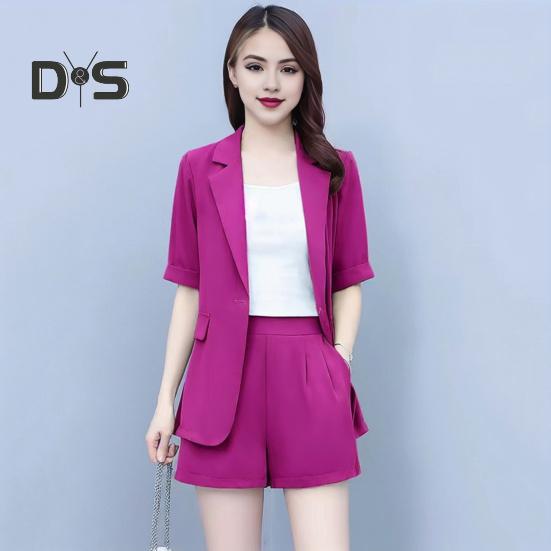 2 Piece Women Casual Outfit Lapel Short Sleeve Blazer Shorts Solid Color OL Style Single Button Blazer Shorts Set Elegant Office Suit