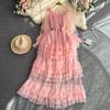 High Street Cake Mesh Party Dress Women Off the Shoulder Tierred Elastic Sundress Polka Dot Lace Maxi Dress