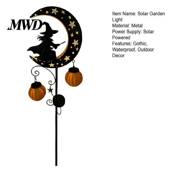 Automatic Light for Walkway Solar Halloween Witch Pumpkin Moon Garden Stake Light, Waterproof on Crescent Metal Yard Ornaments with Lantern,