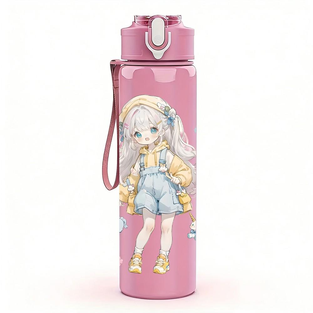 1PC Soft Watercolor Cute Girl Character Pattern 750ml Color Plastic Sports Water Bottle Leakproof Flip Straw Lid Suitable for Sports Office Home Use