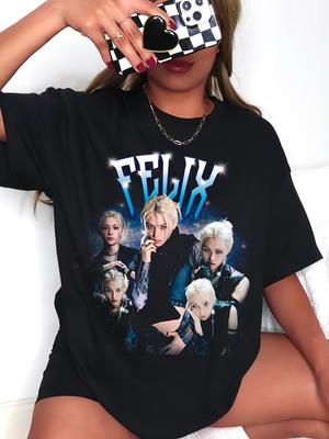 Графическая футболка, Черный Felix Member Graphic 180г Плотный хлопок Круглый вырез Посадка STRAY KPOP Powder, Прочная ткань...