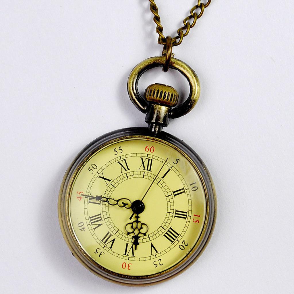 Vintage Gold Pocket Watch Necklace with Roman Numerals - Model 6014
