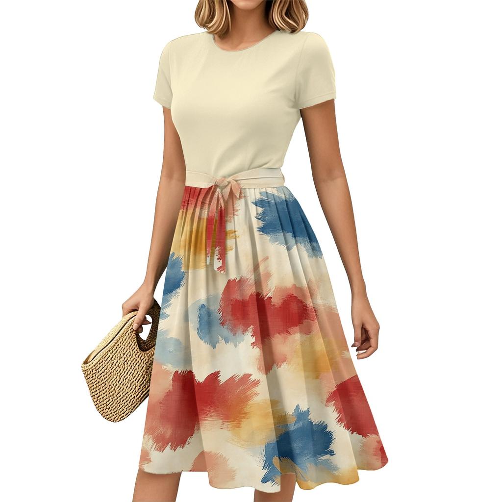 Женская мода Повседневный пояс С коротким рукавом Круглый вырез Геометрический принт Сплайсинг Элегантные платья с темпераментом