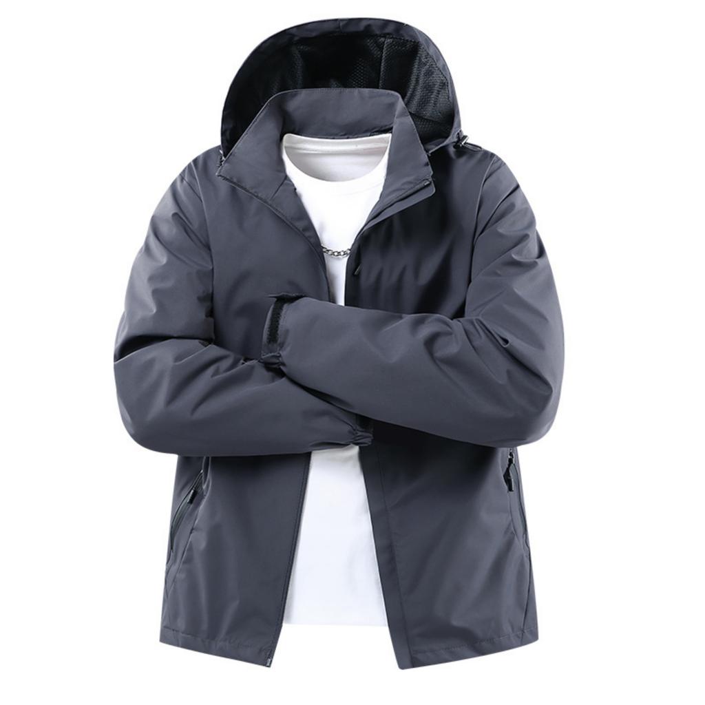 Men's Casual Solid-color Outdoor Sports Jacket, Men's Windproof Breathable Hooded Zipper Jacket