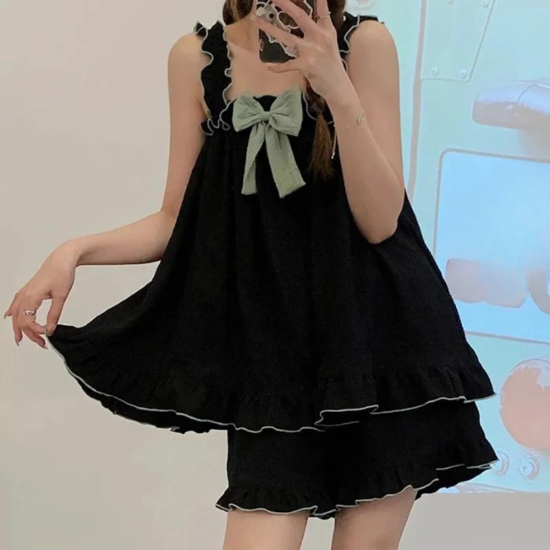 Женский комплект из 2 предметов: ночная рубашка на бретельках через шею, женский летний хлопковый пушистый стиль принцессы, милый и милый свободный домашний костюм, одежда для отдыха