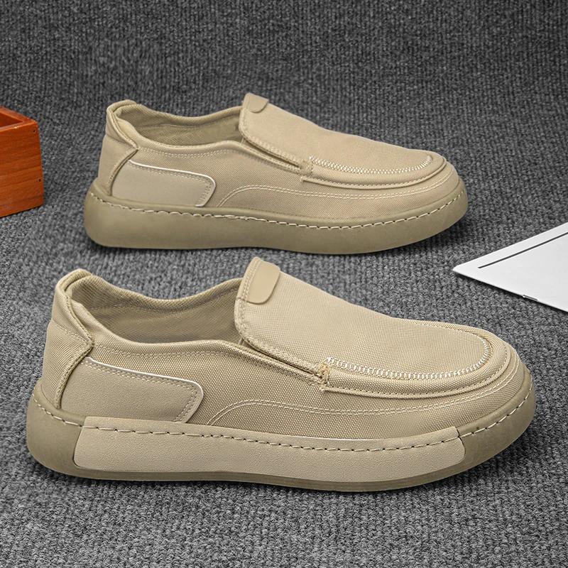 Fashion Men's Beige Canvas Slip On Sneakers - Thick Sole Rubber Sole Minimalist Stitching Casual and Comfortable for Women Hiking Shoe