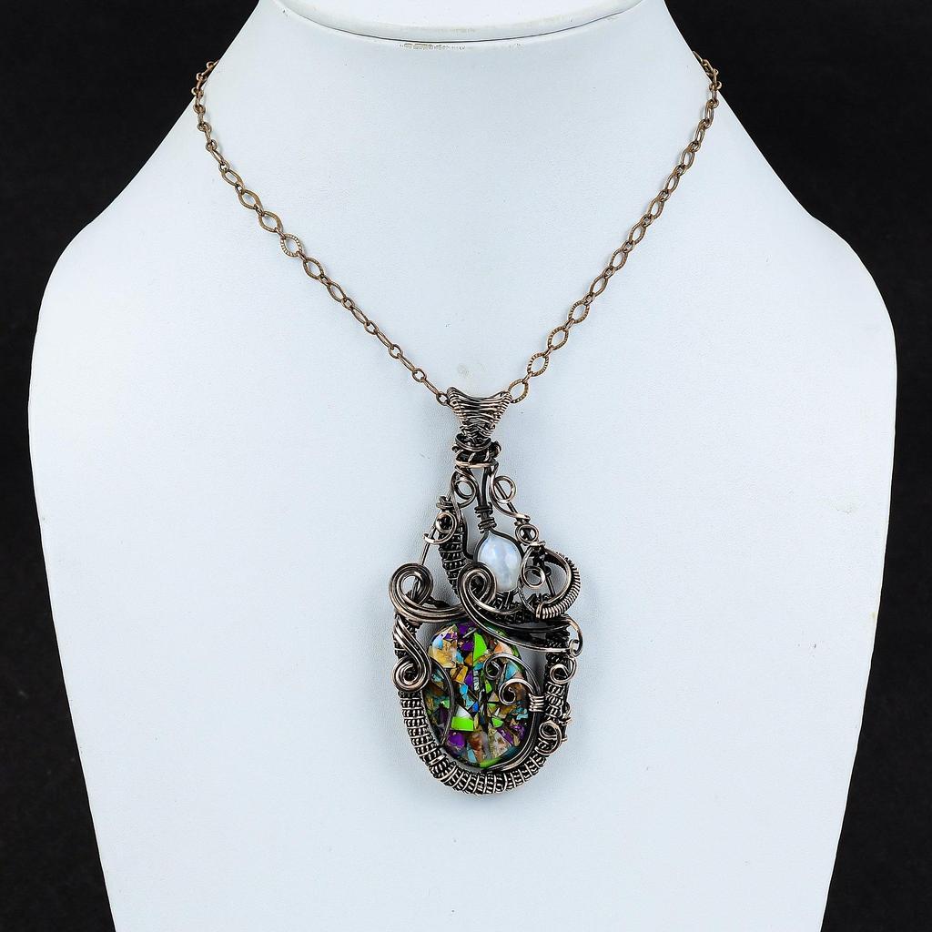 Fiesta Kingman бирюзовый кулон с медной проволокой, обернутый драгоценным камнем, многоцветный медный бирюзовый кулон, радужный лунный камень, ювелирное украшение в подарок для нее