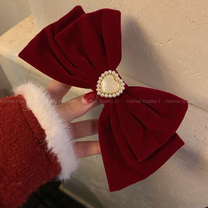 Cat Eye Heart Bow Velvet Hair Clip Women Retro Wine Red French Elegant Pearl Back Head Hair Accessories