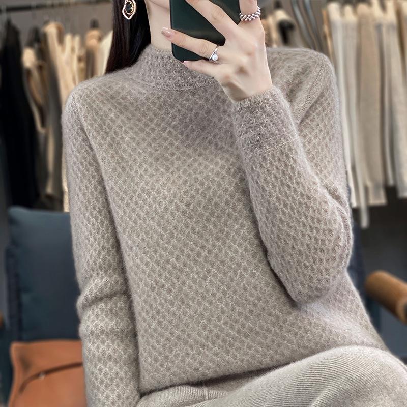 Women's Autumn Winter Thick Wool Sweater - Korean Style Half High Collar, Hollow Out Floral Design