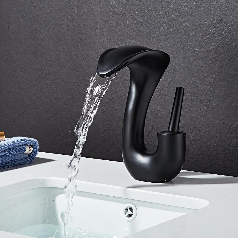 Tuqiu Black Bathroom Faucet Brass Gold Basin Faucet Cold And Hot White Waterfall Mixer Sink Tap Single Handle Deck Mounted  Tap