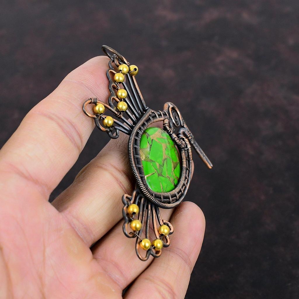 Медный Зеленый Бирюзовый Кулон Медная Проволока Обернутый Кулон Ювелирные Изделия Ручной Работы Из Драгоценных Камней Птица Дизайн Кулон Подарок Для Нее Антикварные Медные Ювелирные Изделия