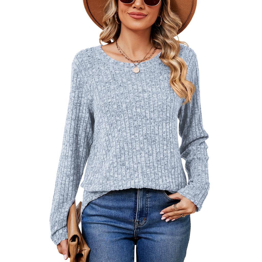 Spring Autumn Solid Top for Women Round Neck Loose Long Sleeve T-shirt