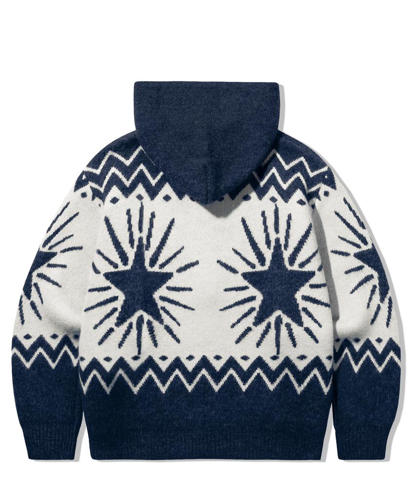 TRILLION Washable Wool Star Nordic Hooded Zip-Up Knit_Navy