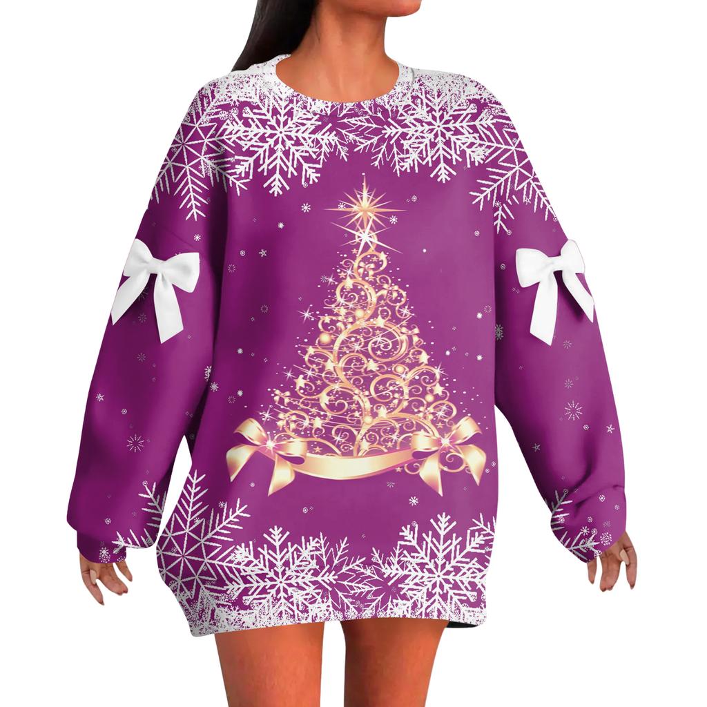 Женский рождественский пуловер с принтом и бантом, с круглым вырезом, длинными рукавами, свободного кроя