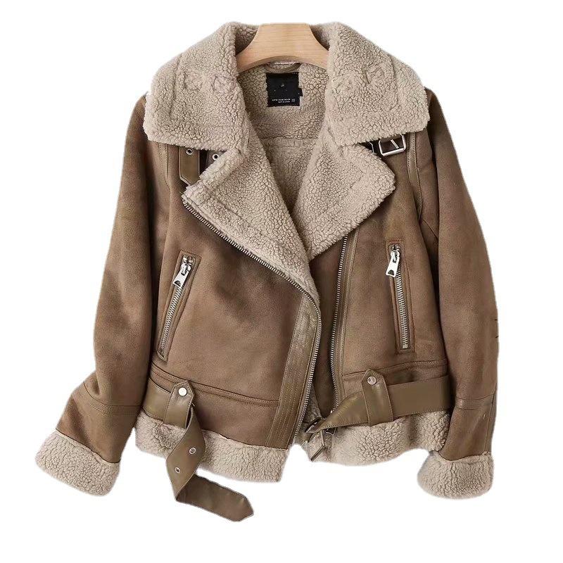 Women Faux Fur Lambwool Coat Suede Jackets with Belts Casual Thick Warm Biker Jackets Zipper Oversize Leather Windbreaker