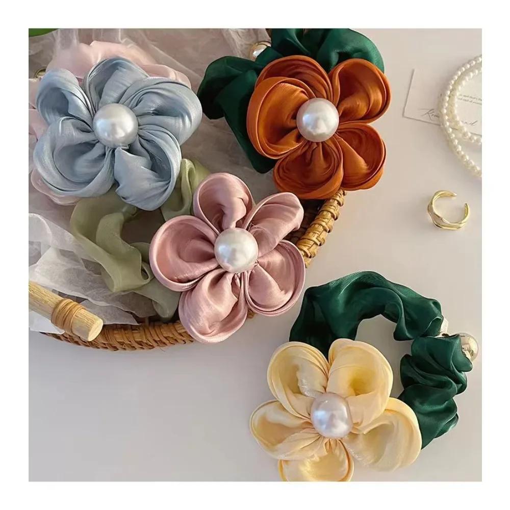 Fashion Elegant Pearl Flower Hair Rope Organza Stretch Scrunchies For Women Girls Hair Accessories Headwear Ponytail Holder