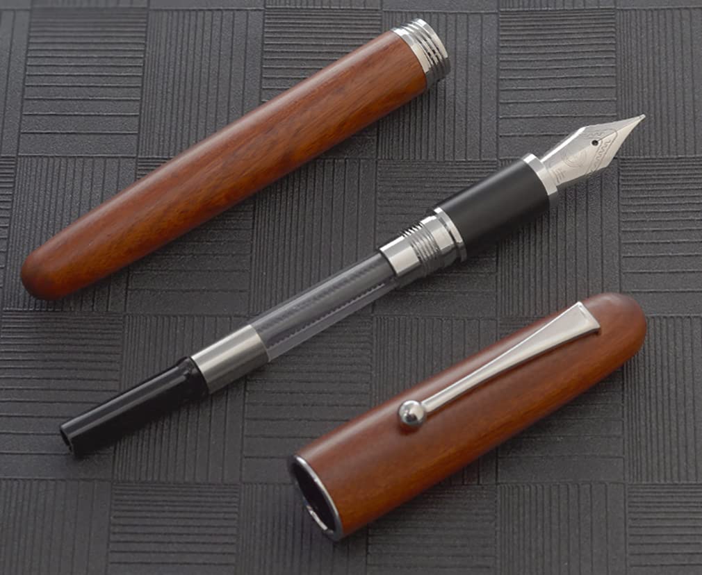 Gullor Natural Wood Fountain Pen with Medium Ink Screw and Silver Clip Nib, Converter, Cap,